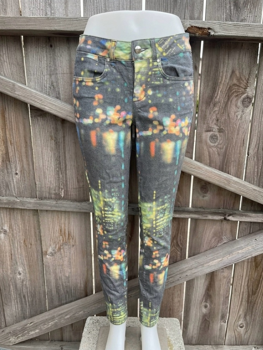 Karen Millen Grey Abstract City Lights Bokeh Graphic Print Skinny Jeans Size 2